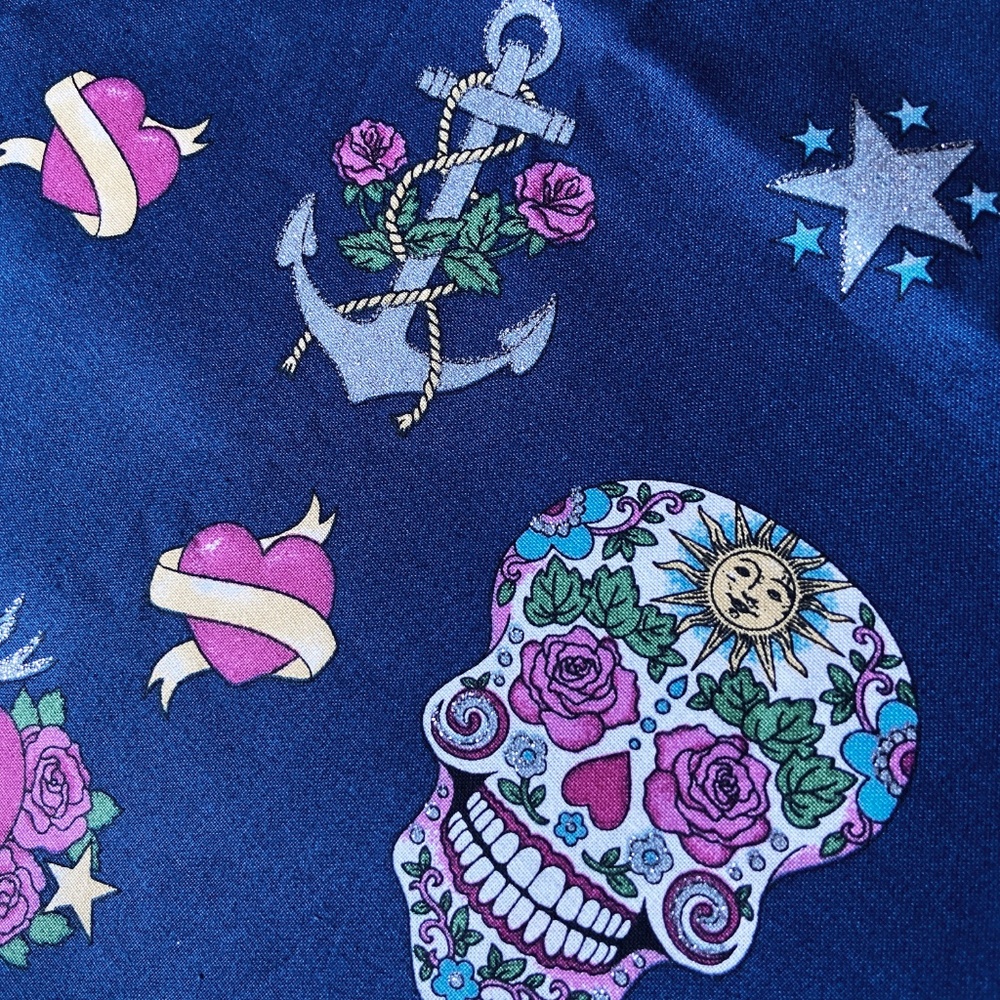 Tattoo Sugar Skull Heart Anchor Navy Blue Cotton Fabric Traditions 2 yds x 44"